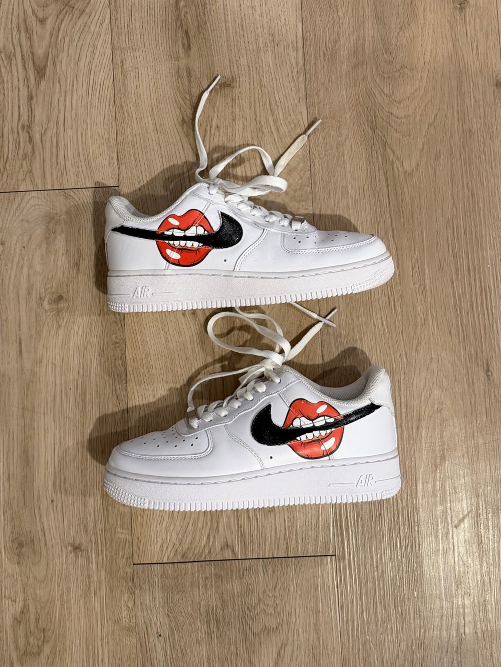 Custom Nike Air Force 1 with Red Lip Graphic and Black Swoosh